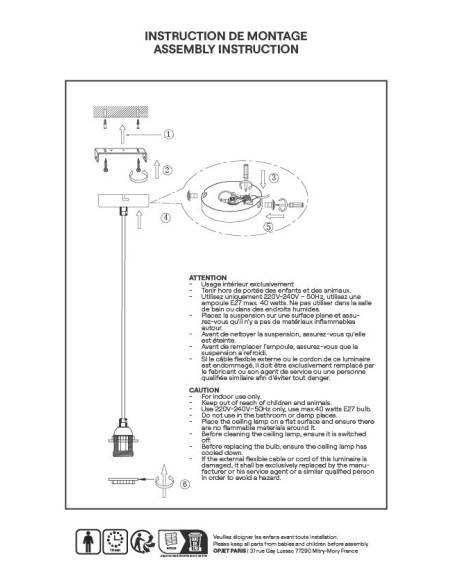 Suspension douille câble coton blanc rosace