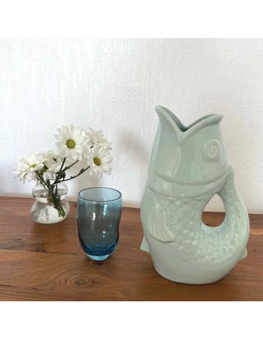 Vase pichet en céramique POISSON bleu givré
