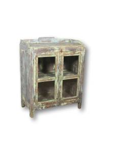 Commode bois vitrés patine émeraude 2 portes