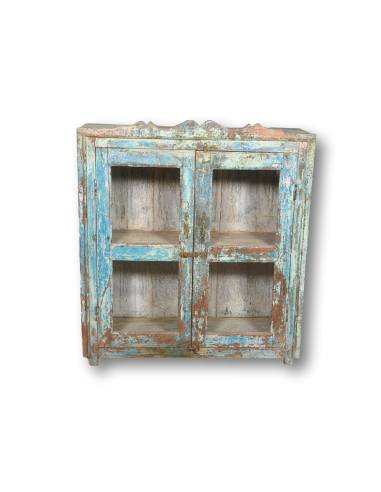 Petite commode patine bleue 2 portes vitrées – Style chic et pratique