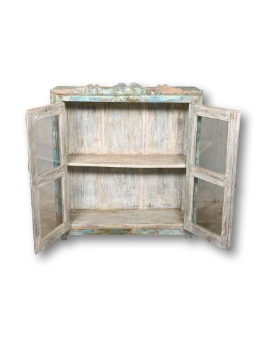 Petite commode patine bleue 2 portes vitrées – Style chic et pratique