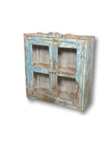 Petite commode patine bleue 2 portes vitrées – Style chic et pratique