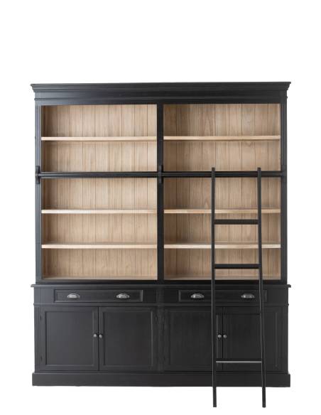 Bibliothèque noire en bois avec échelle coulissante