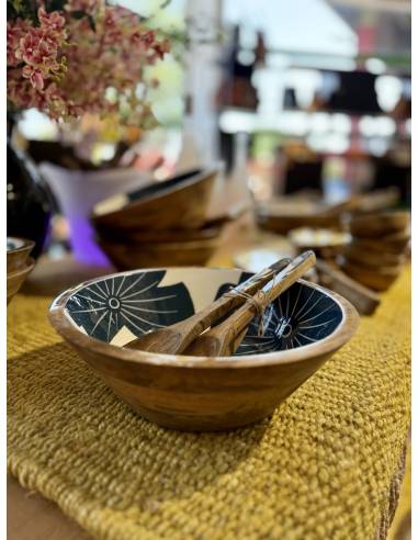 Saladier en manguier Fleurs Bleues | La Madeleine Déco