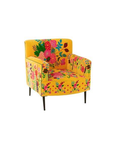 Fauteuil velours jaune avec broderie fleurs | La Madeleine Déco