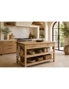 Ilot de cuisine en bois 2 tiroirs | La Madeleine Deco