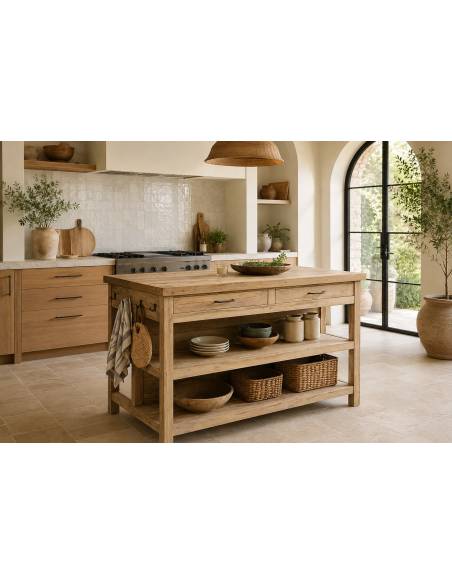 Ilot de cuisine en bois 2 tiroirs | La Madeleine Deco